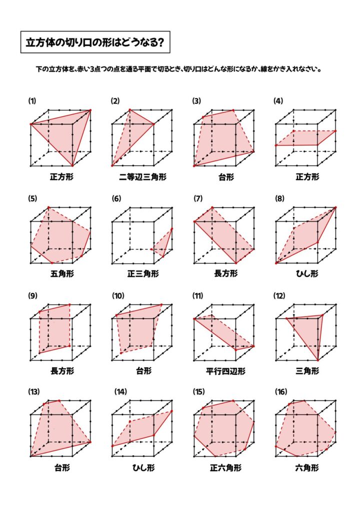 立方体の断面図を答える問題プリント画像