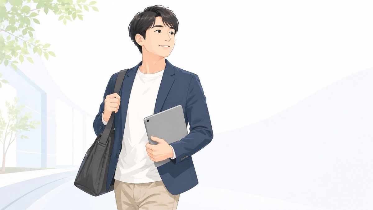 男性がiPadを持ち歩いている画像