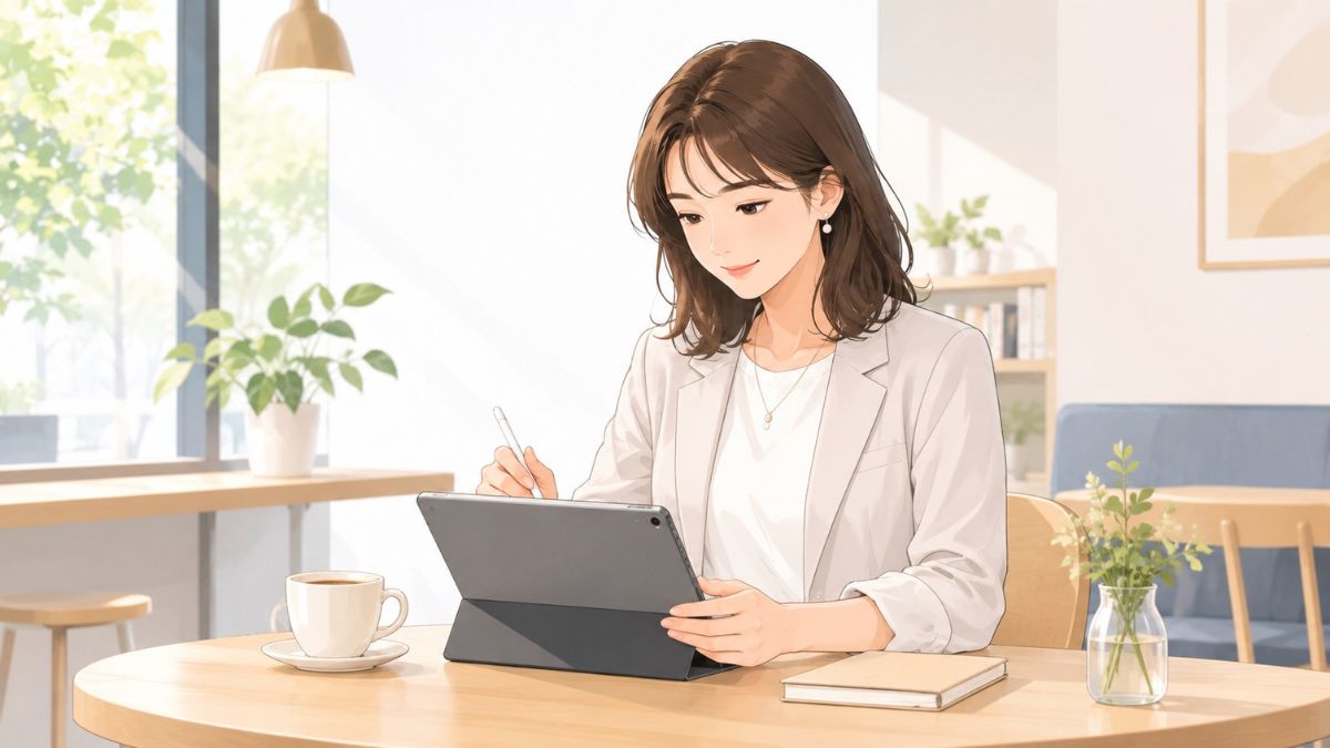 女性がカフェでiPadを使っている画像